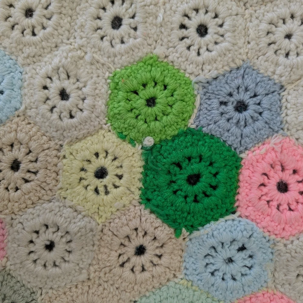 Vintage Handmade Honeycomb Crochet Granny Square Afghan Throw Blanket